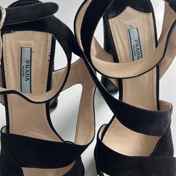 Prada Shoes - Black suede platform sandals 5.5 “column heel double crisscross band  front